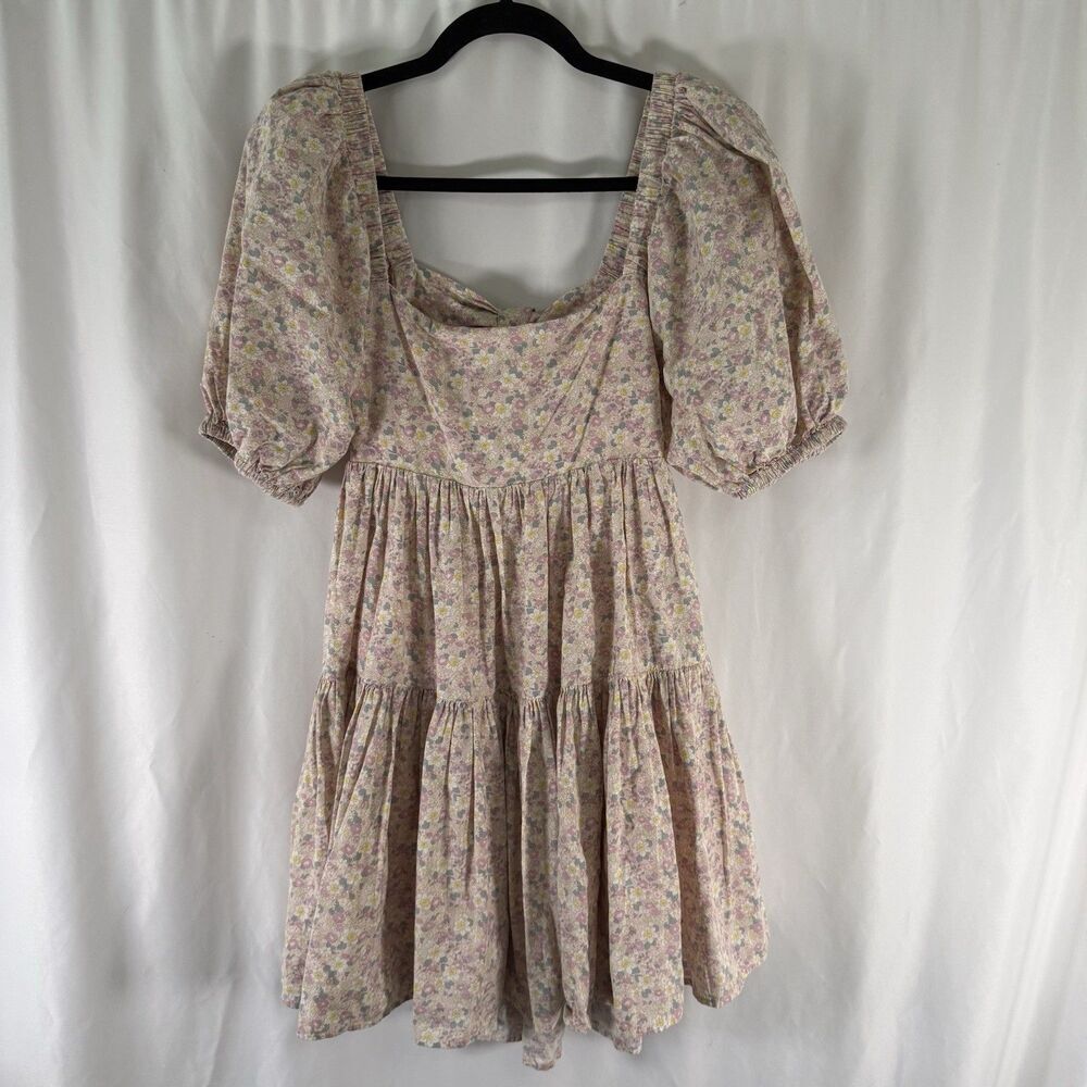 Mable Mini Dress Women's Large Pink Floral Square Off the Shoulder Neck Short Sl